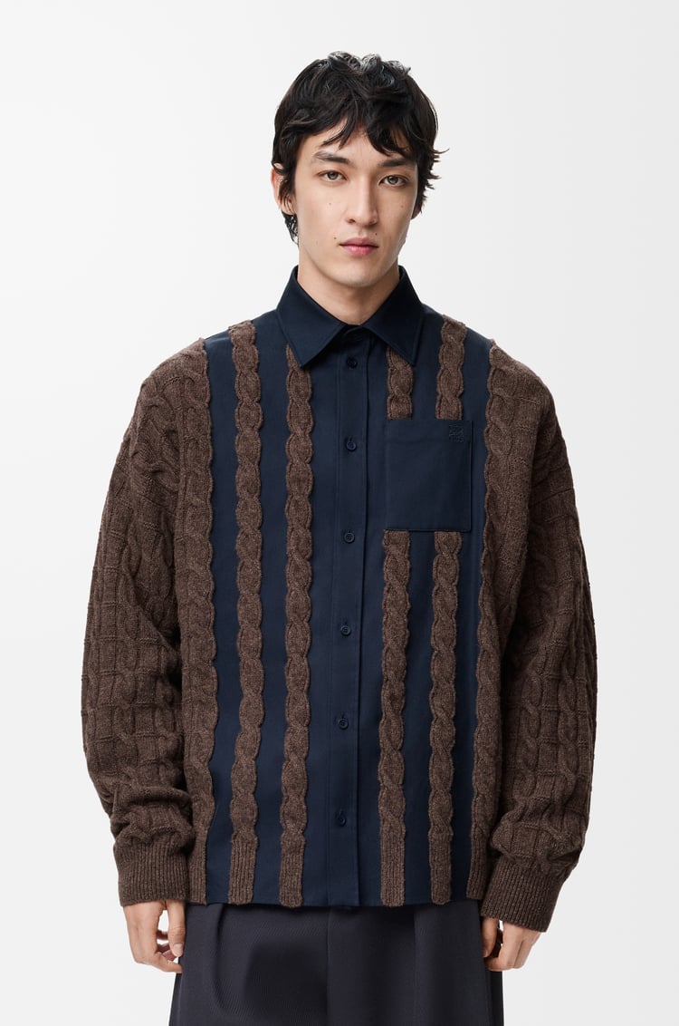 LOEWE Camisa híbrida en lana y algodón Azul Marino/Marrón