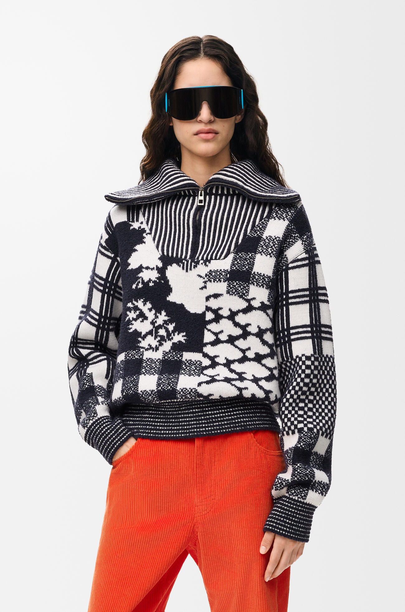 LOEWE Maglia con zip in lana Navy/Bianco