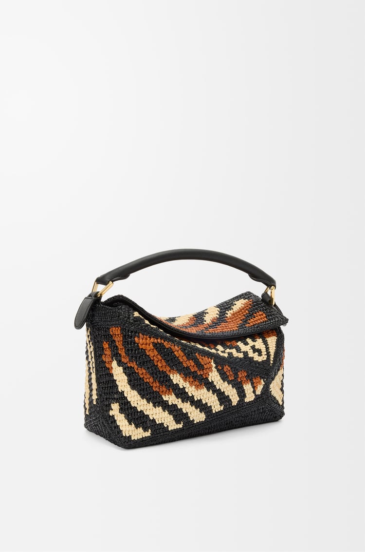 LOEWE Small Puzzle Edge bag in raffia and calfskin Black/Honey Gold