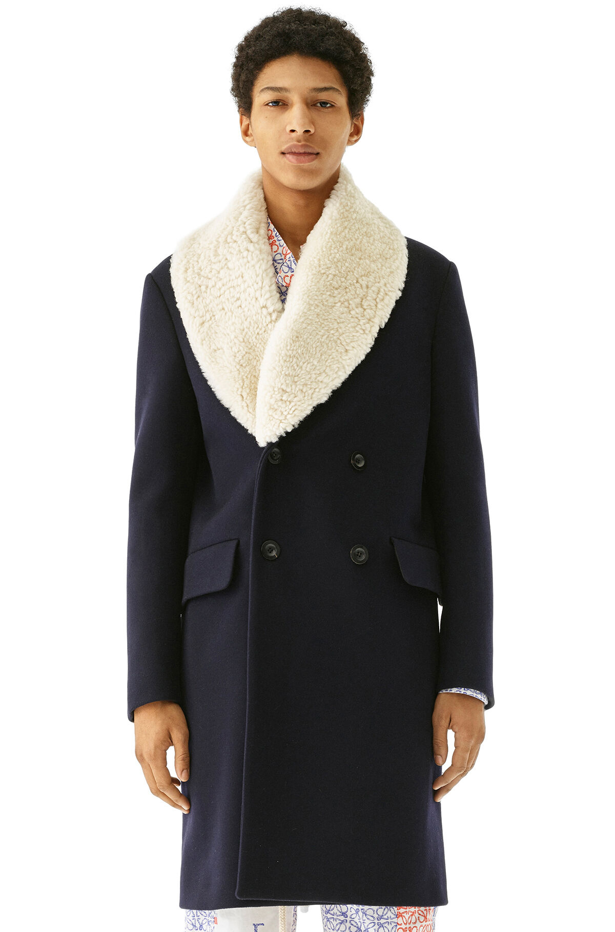 Shearling Collar Coat Dark Navy Blue LOEWE