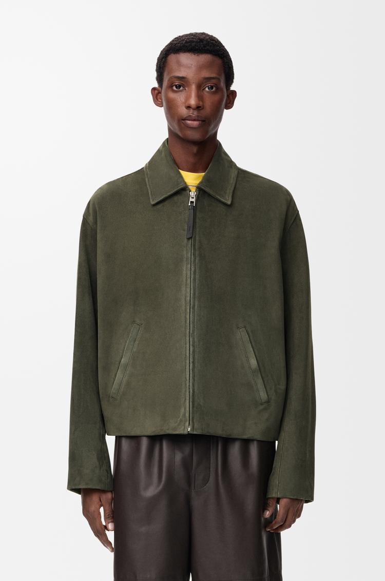 LOEWE Giacca con zip in pelle di agnello scamosciata Verde Kaki