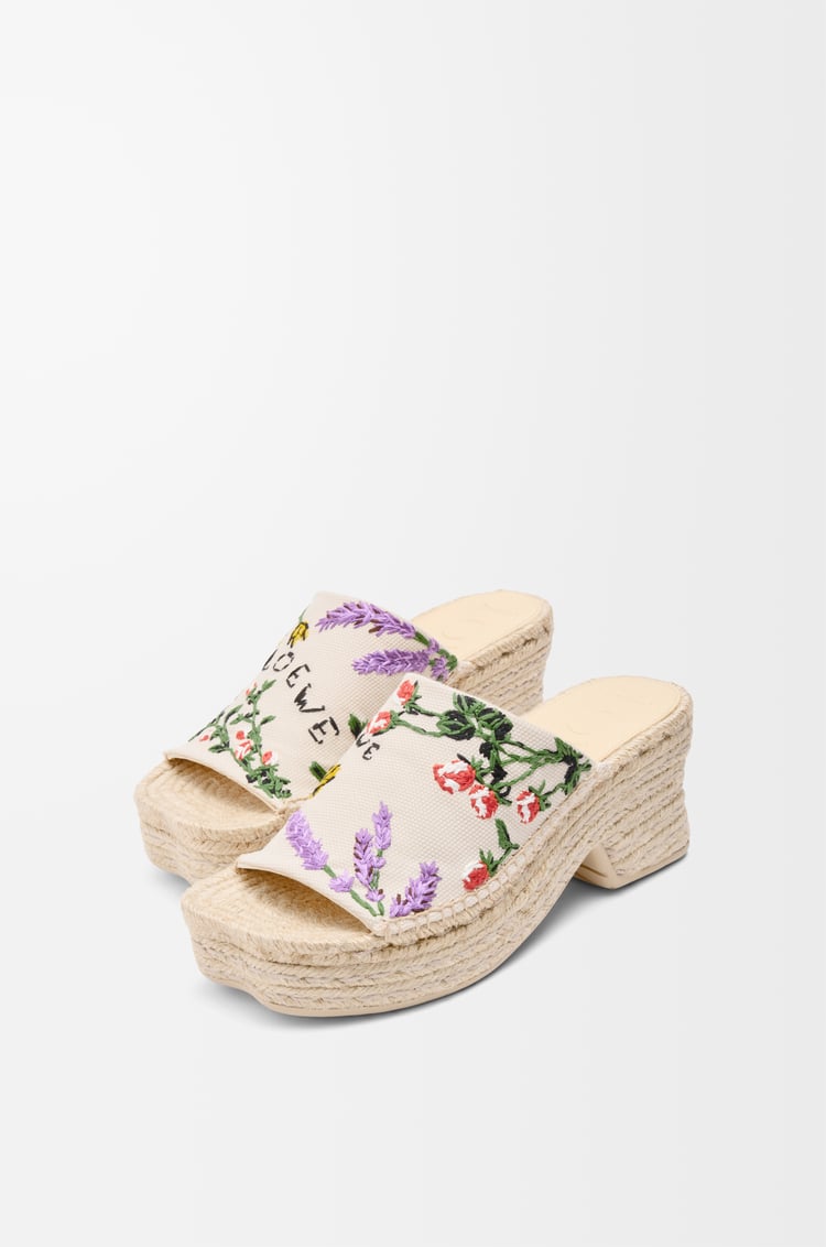 LOEWE Petal espadrille platform slide in embroidered canvas  Cream/Multicolor