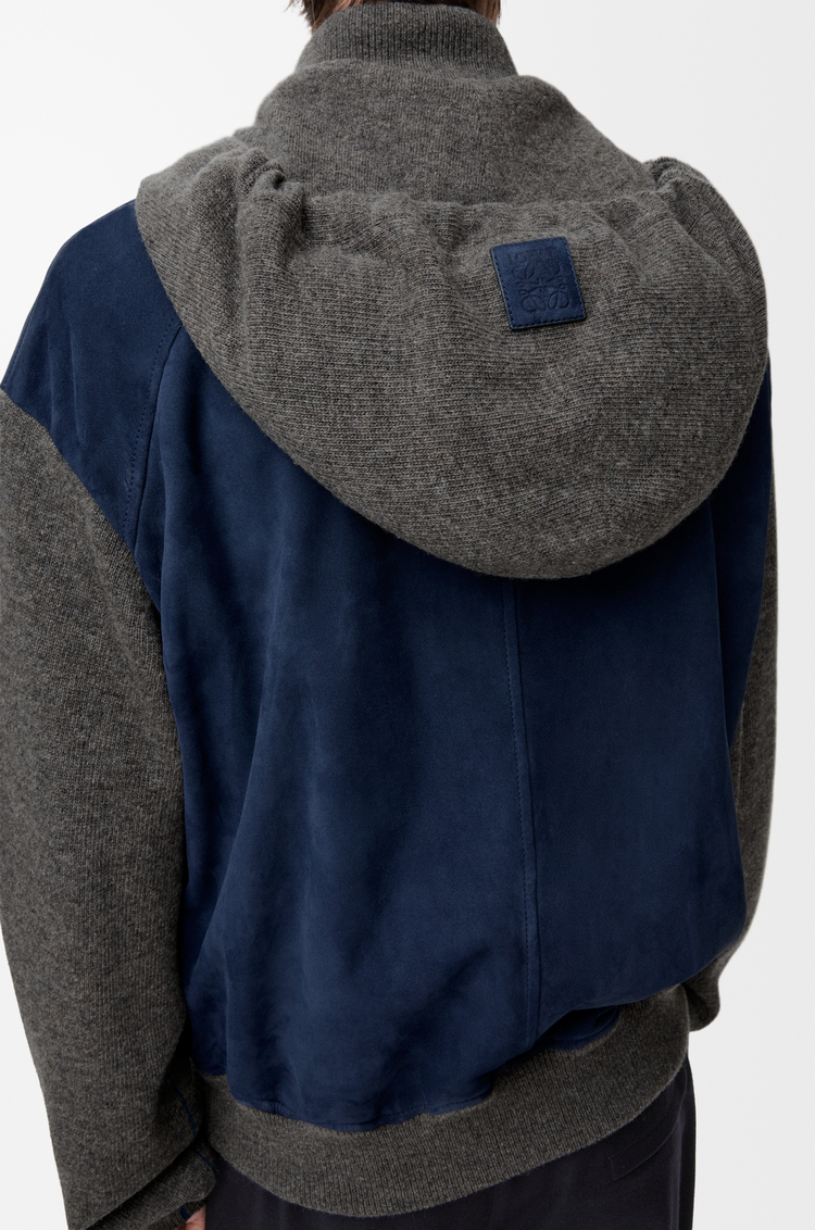 LOEWE Felpa con cappuccio e zip Hybrid in lana e pelle di capra scamosciata Blu Navy