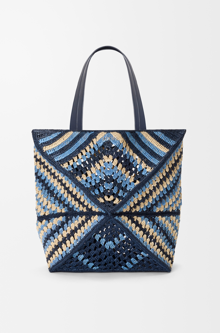 LOEWE XL Puzzle Fold tote in raffia  Navy/Sky Blue