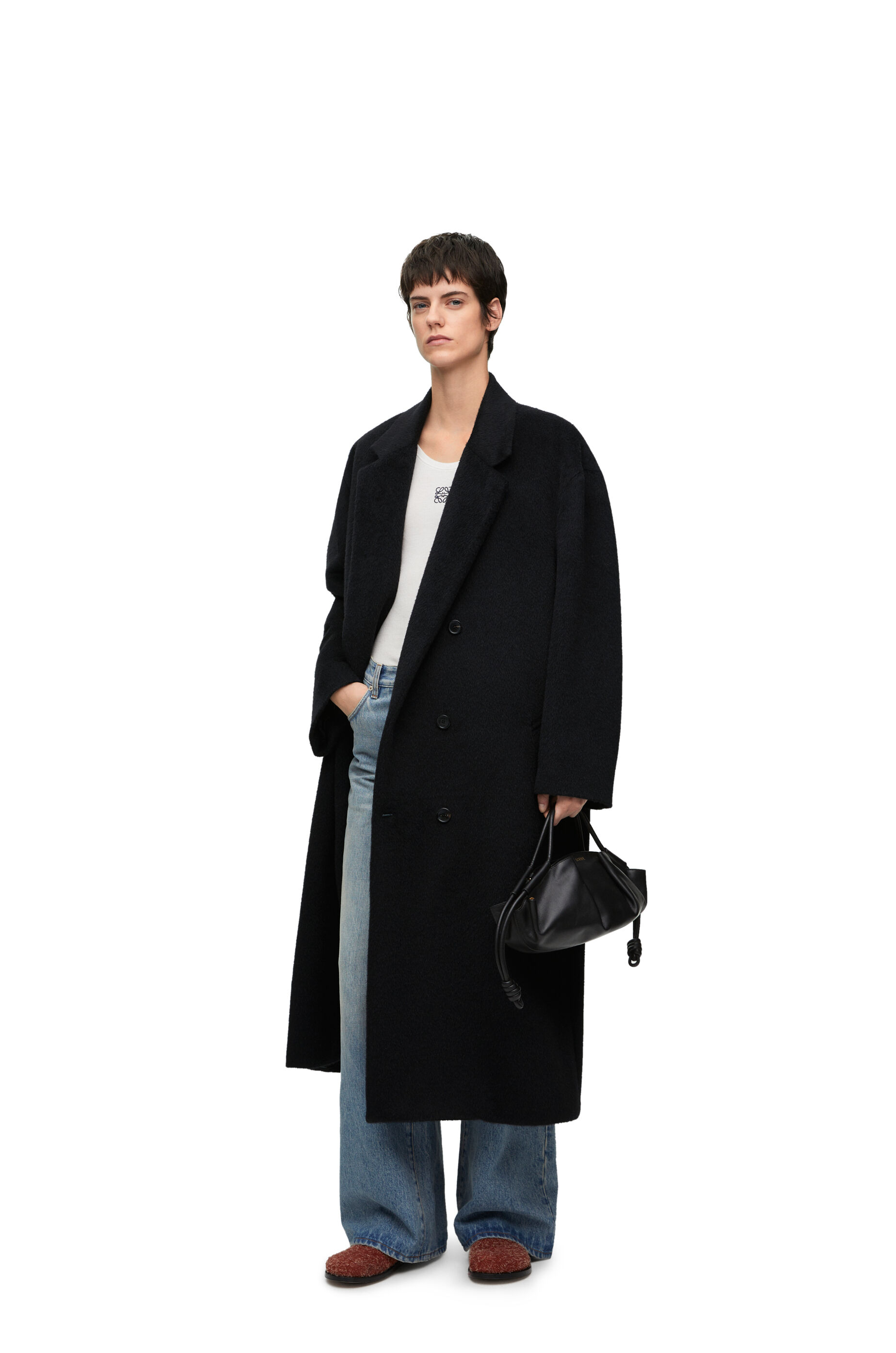 Double breasted coat in lama and wool Black LOEWE