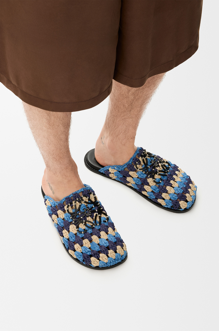LOEWE Flex mule in raffia and calfskin Navy/Sky Blue