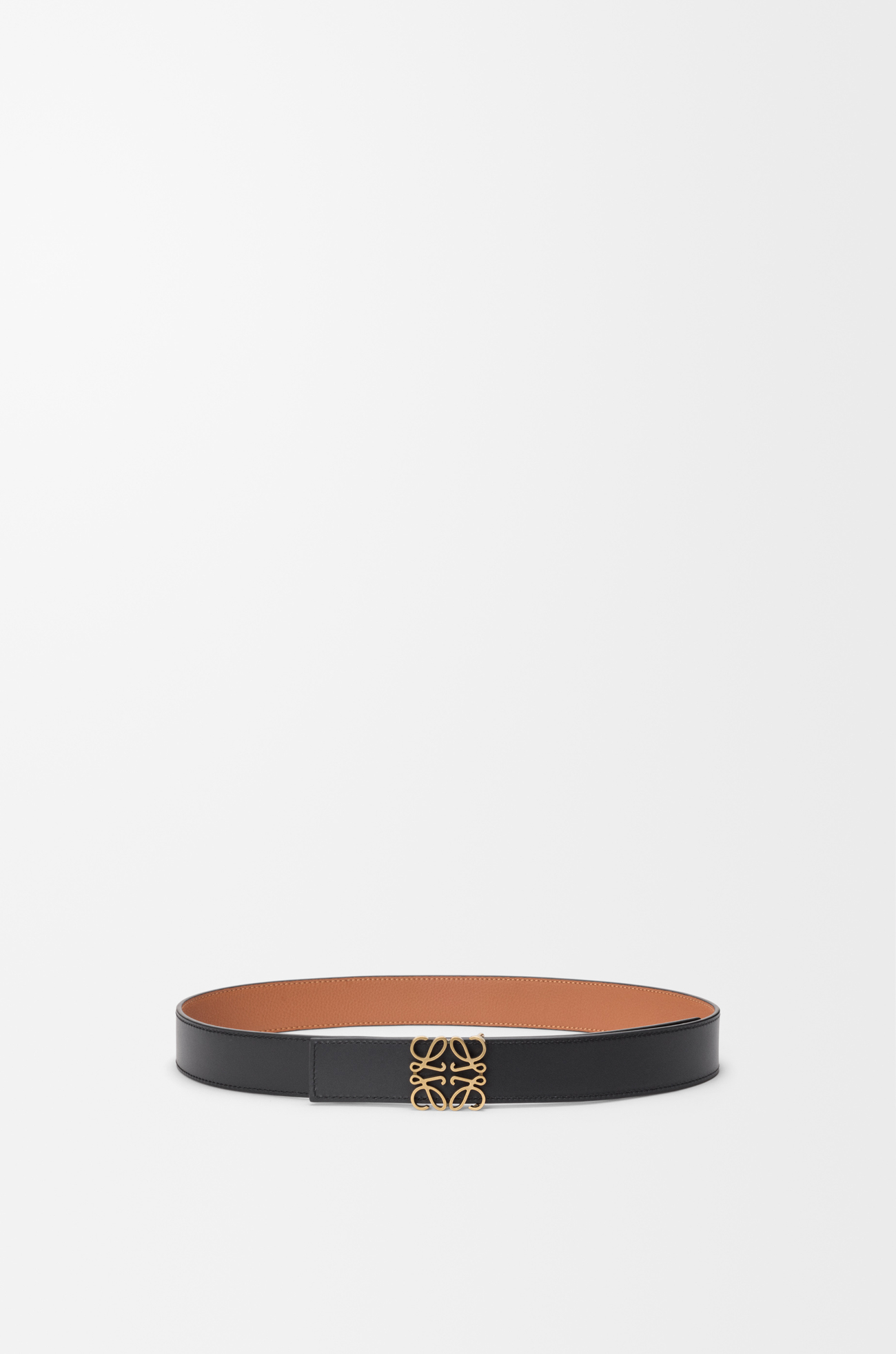 LOEWE Reversible Anagram belt in smooth calfskin and soft grained calfskin Tan/Black/Old Gold