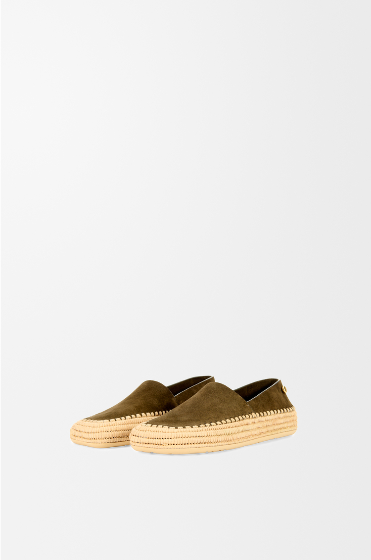 LOEWE Slipper Rio en ante y rafia Verde Caqui