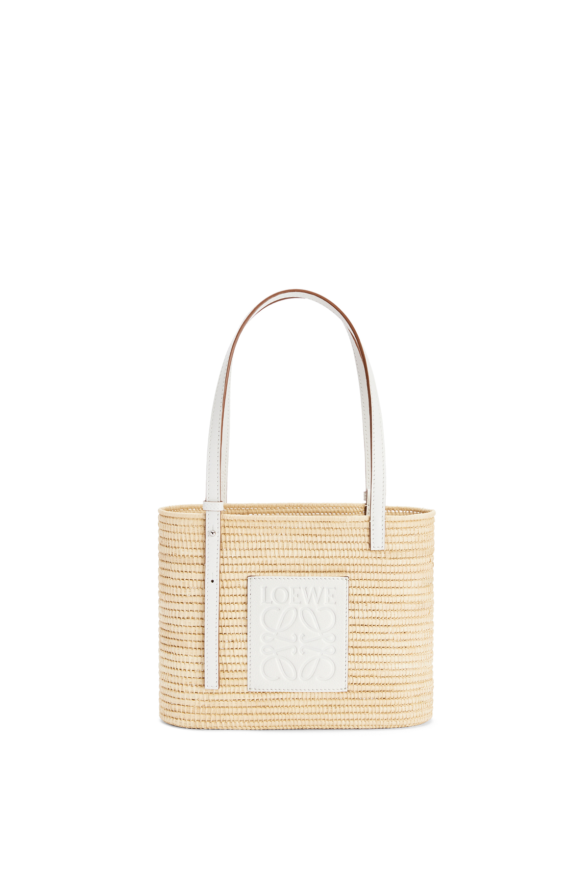 Small Square Basket bag in raffia and calfskin Natural/White - LOEWE