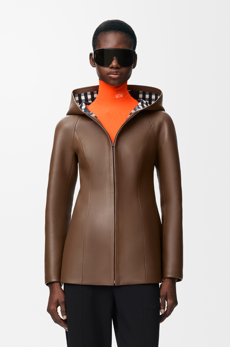 LOEWE Chaqueta con capucha en piel napa de cordero Marrón