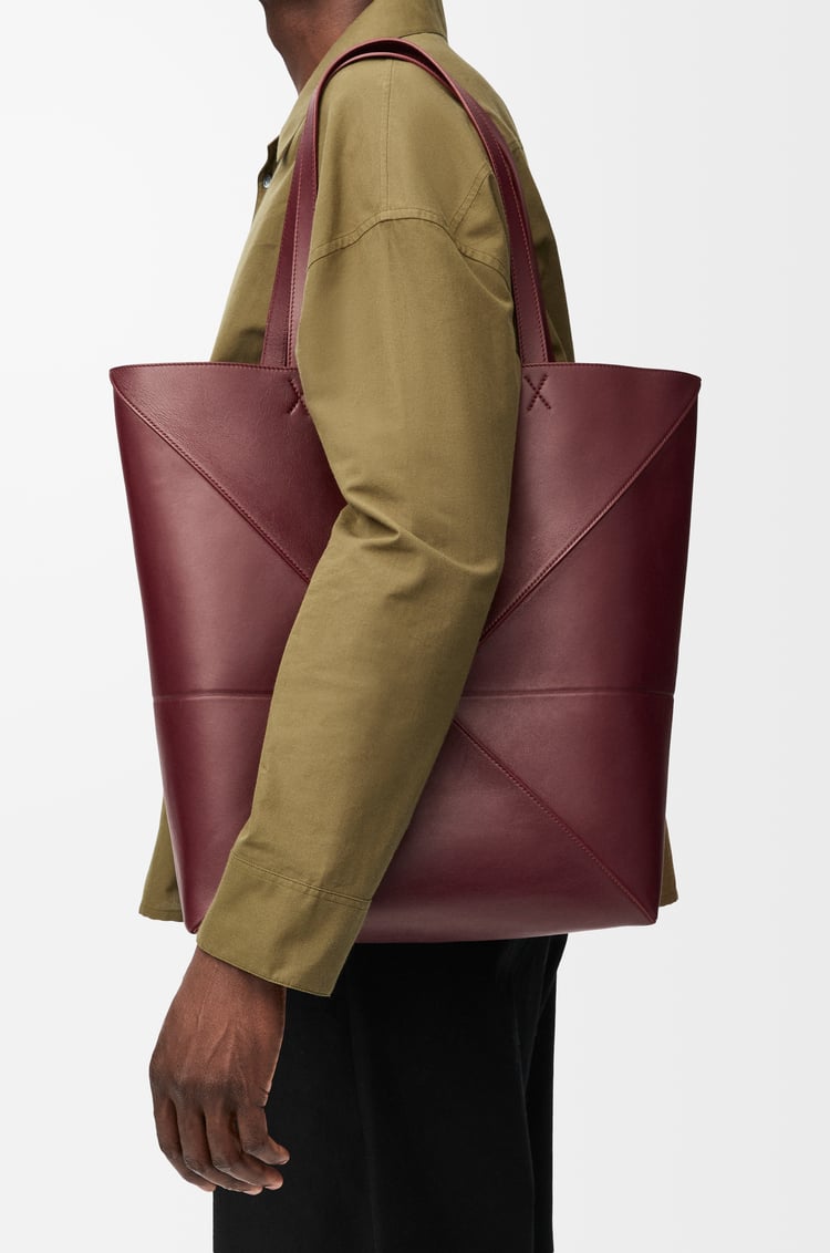 LOEWE XL Puzzle Fold tote in shiny calfskin Dark Burgundy