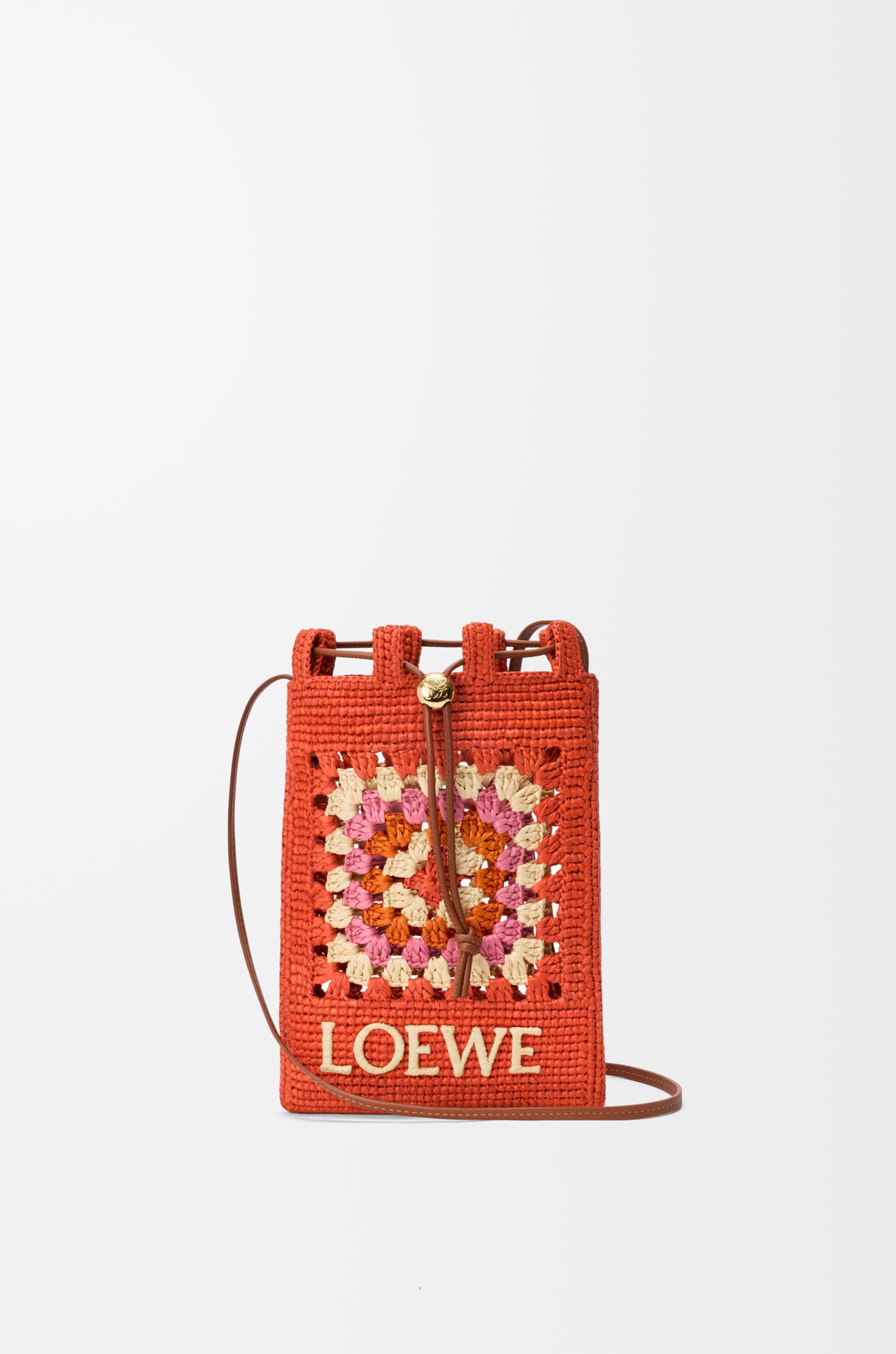 LOEWE Drawstring pocket in classic calfskin and raffia Bright Orange/Pink