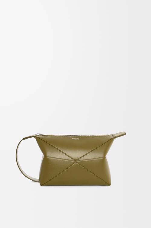 LOEWE Puzzle Fold wash bag in shiny calfskin Olive plp_rd