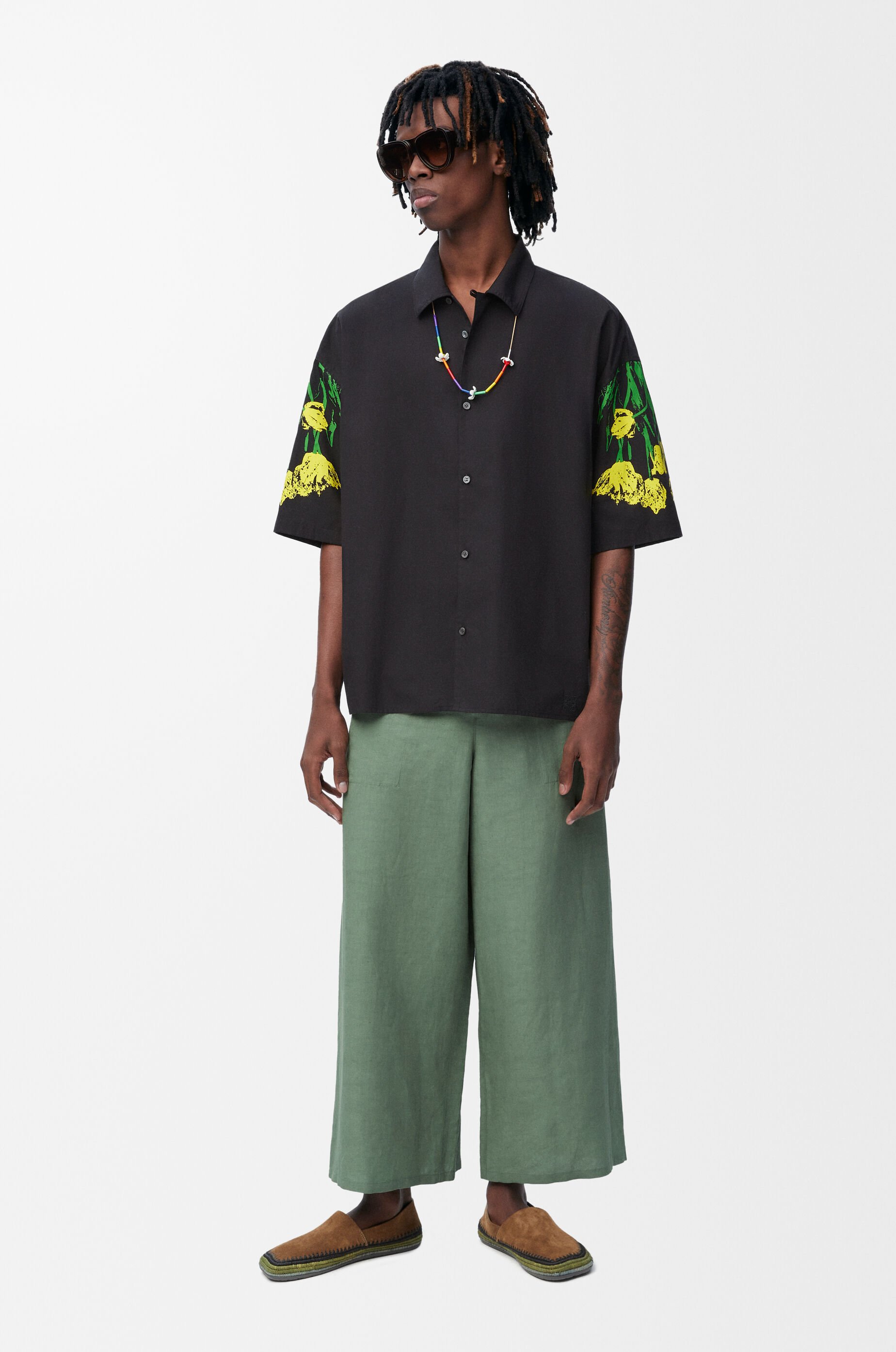 Cropped trousers in viscose and linen Green - LOEWE