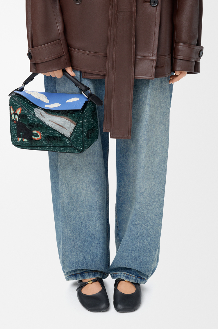 LOEWE Futurist Cat small Puzzle bag in embroidered knit and classic calfskin Multicolor Green