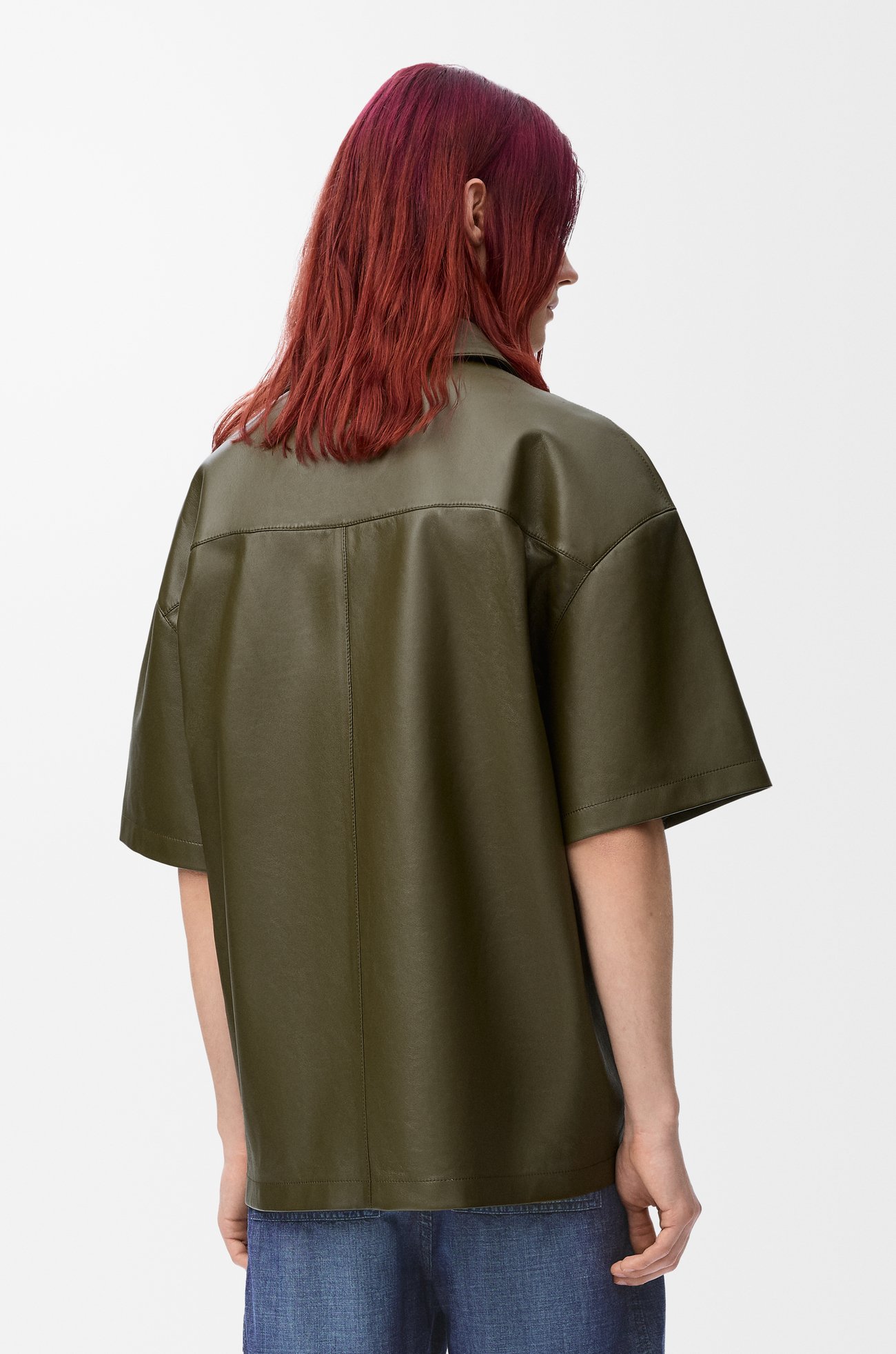 LOEWE Chemise à manches courtes en cuir d'agneau nappa Vert Kaki