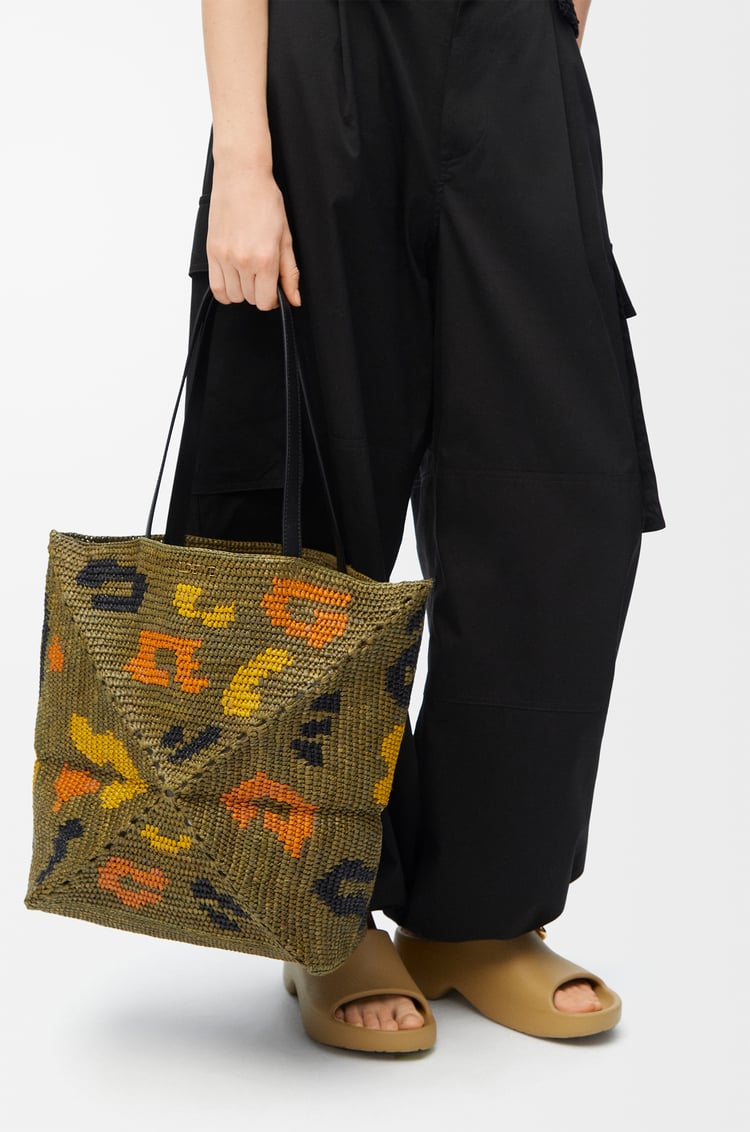 LOEWE Large Puzzle Fold tote in raffia and calfskin Olive Green