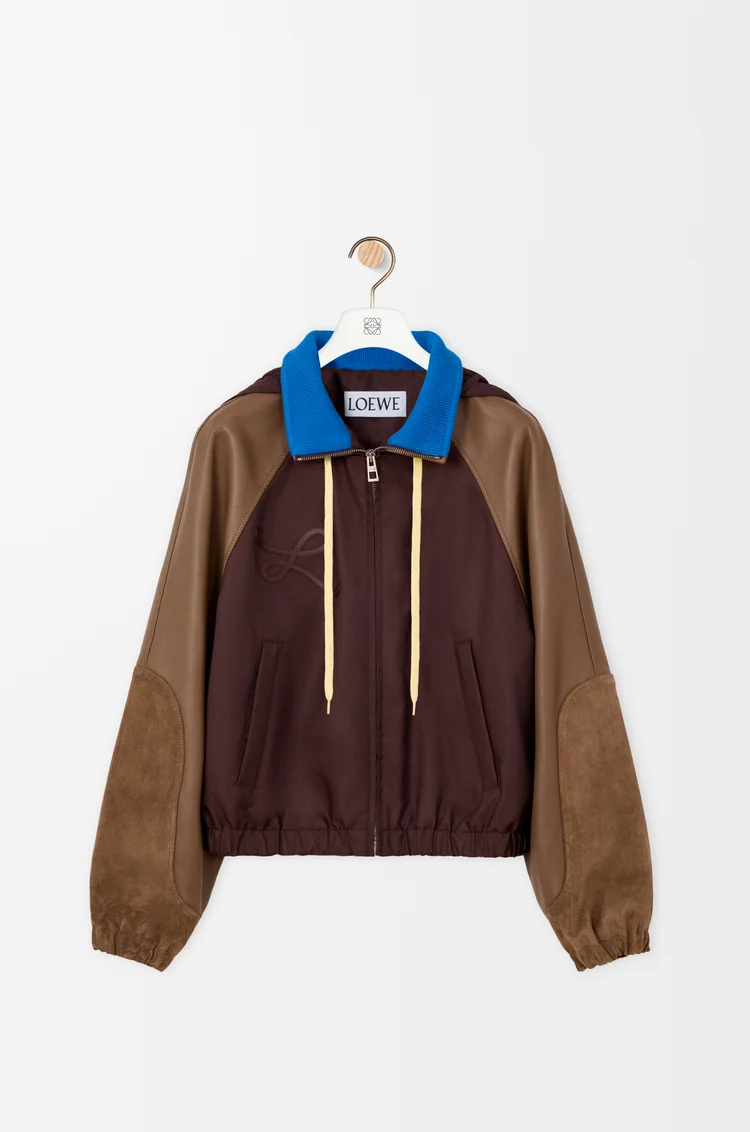LOEWE Chaqueta bomber en nailon, piel napa de cordero y ante Marrón
