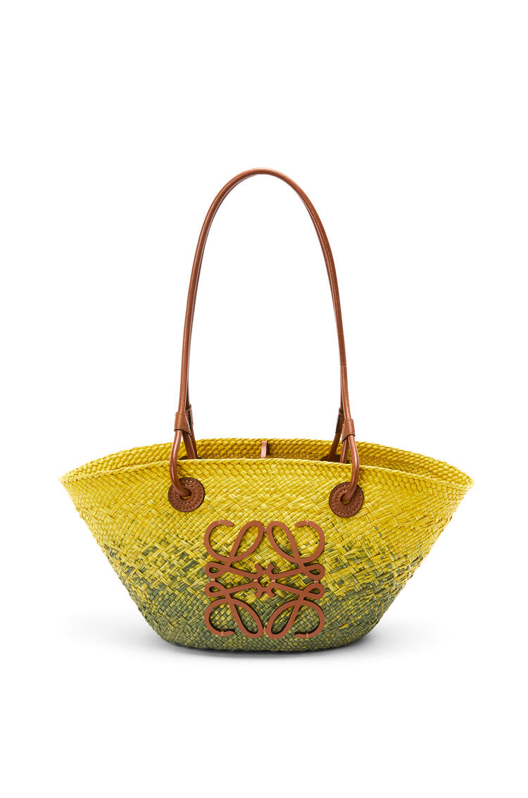 LOEWE Small Anagram Basket bag in iraca palm and calfskin Khaki Green/Yellow