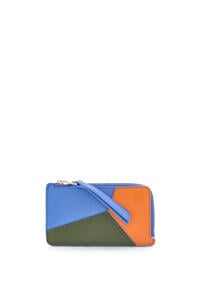 LOEWE Tarjetero-monedero Puzzle en piel de ternera clásica Azul Seaside/Naranja Brillante