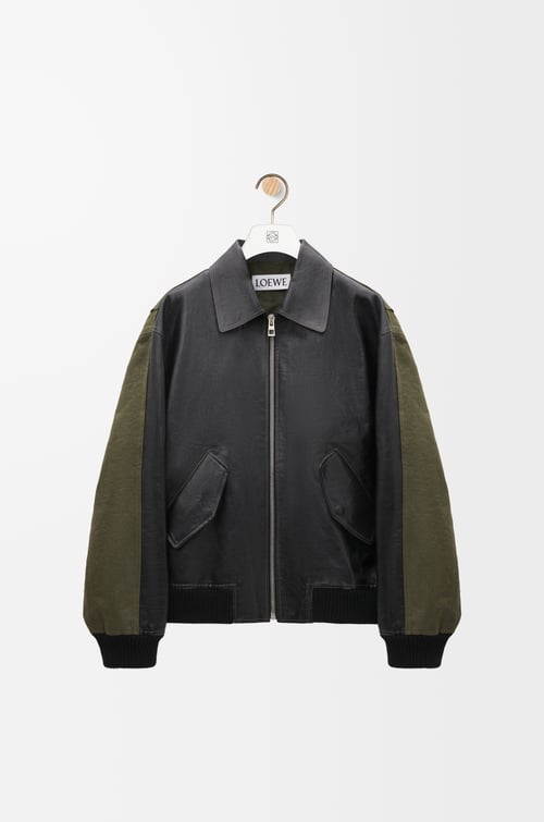 LOEWE Hybrid bomber jacket in nappa calfskin and cotton Black/Khaki Green