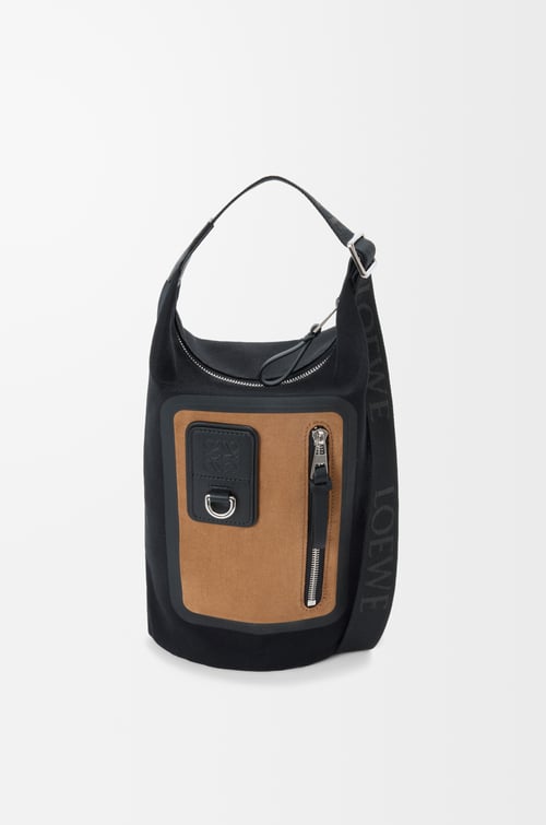 LOEWE Bolso Flex Loop bucket pequeño en lona y ante Negro/Dorado Oscuro