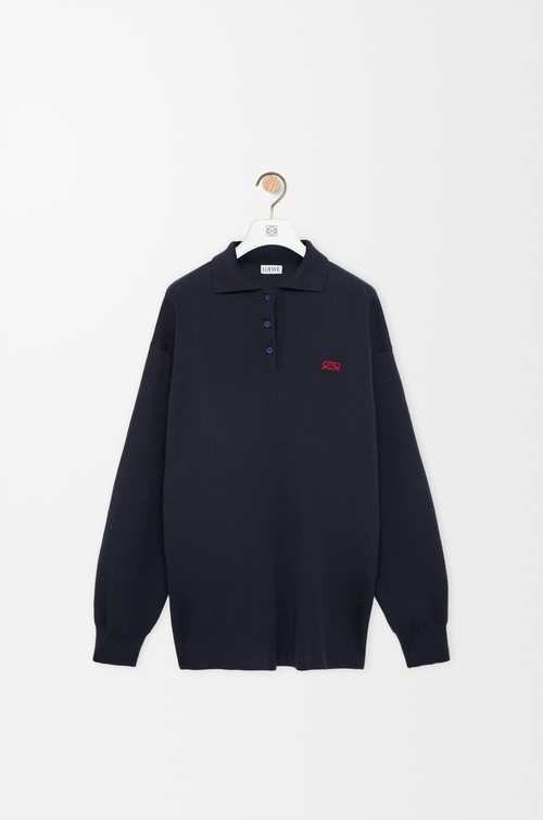 LOEWE Pull polo en cachemire et soie mélangés Bleu Marine Foncé