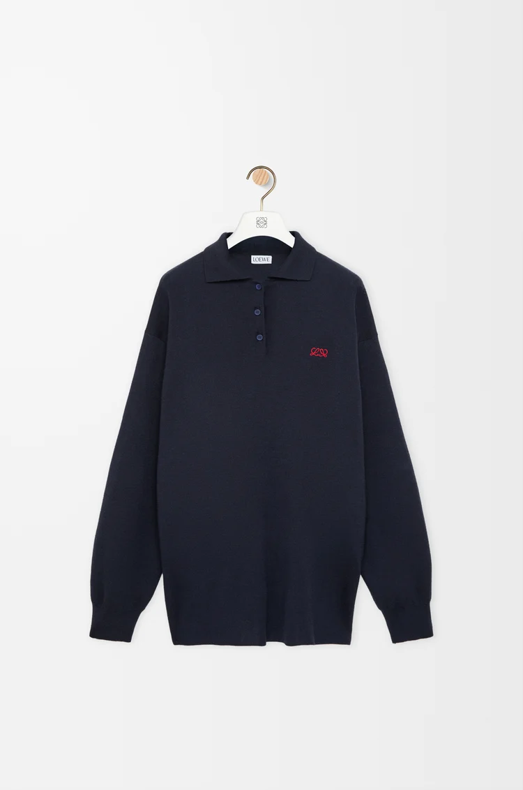 LOEWE Pull polo en cachemire et soie mélangés Bleu Marine Foncé