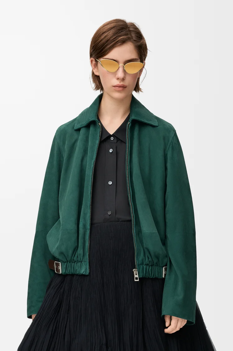 LOEWE 麂皮山羊皮腰帶夾克 綠色