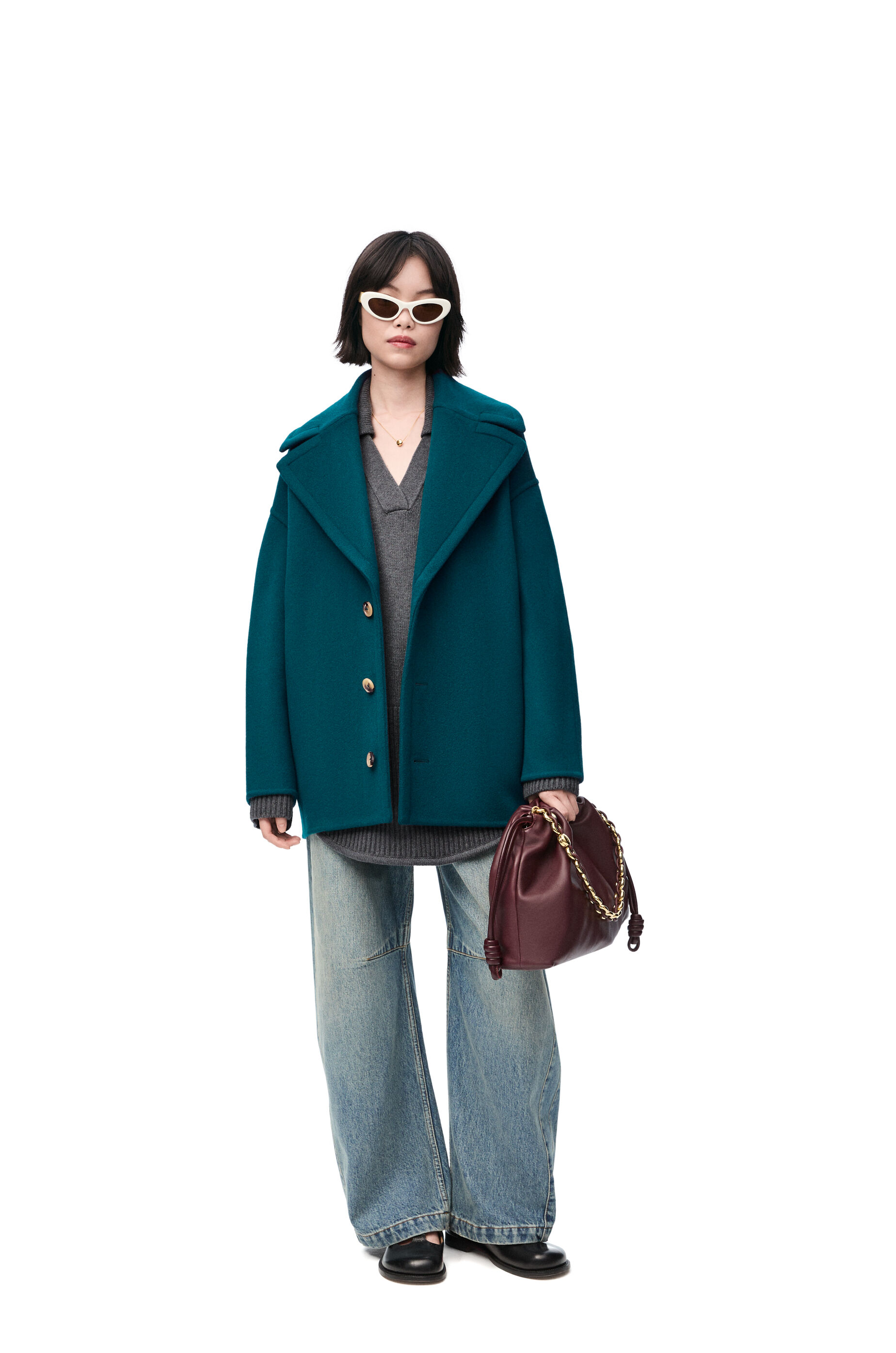 Loewe Single Breasted Wool Cropped Coat Dark Green