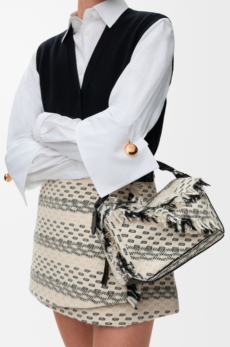 LOEWE Small Puzzle bag in woven textile Black/White