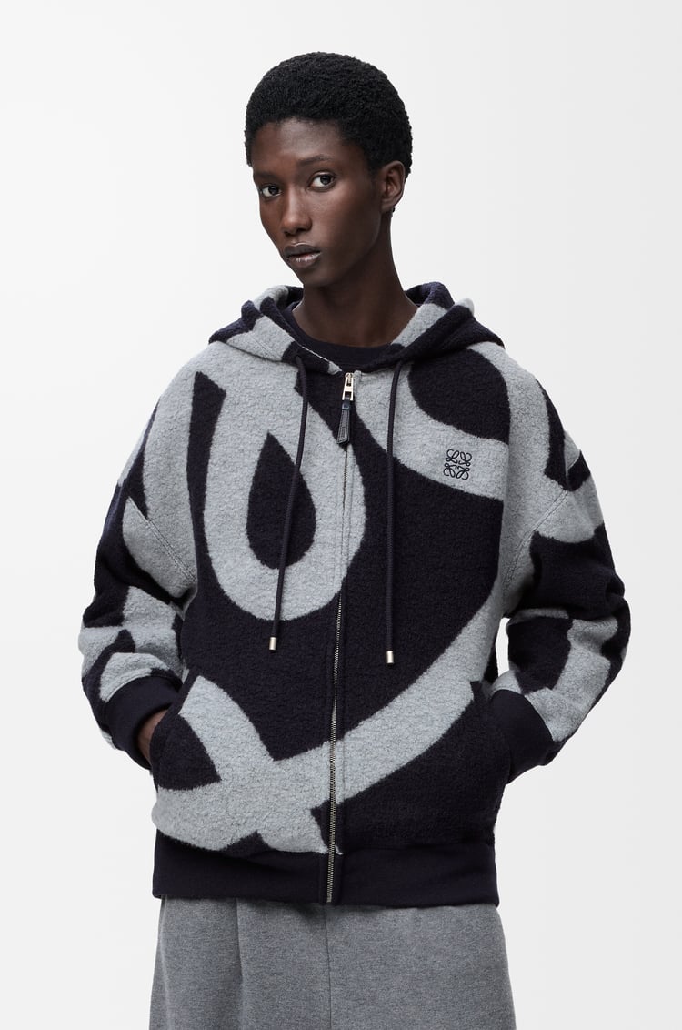 LOEWE Felpa con cappuccio e zip in lana e cotone Blu Navy/Grigio