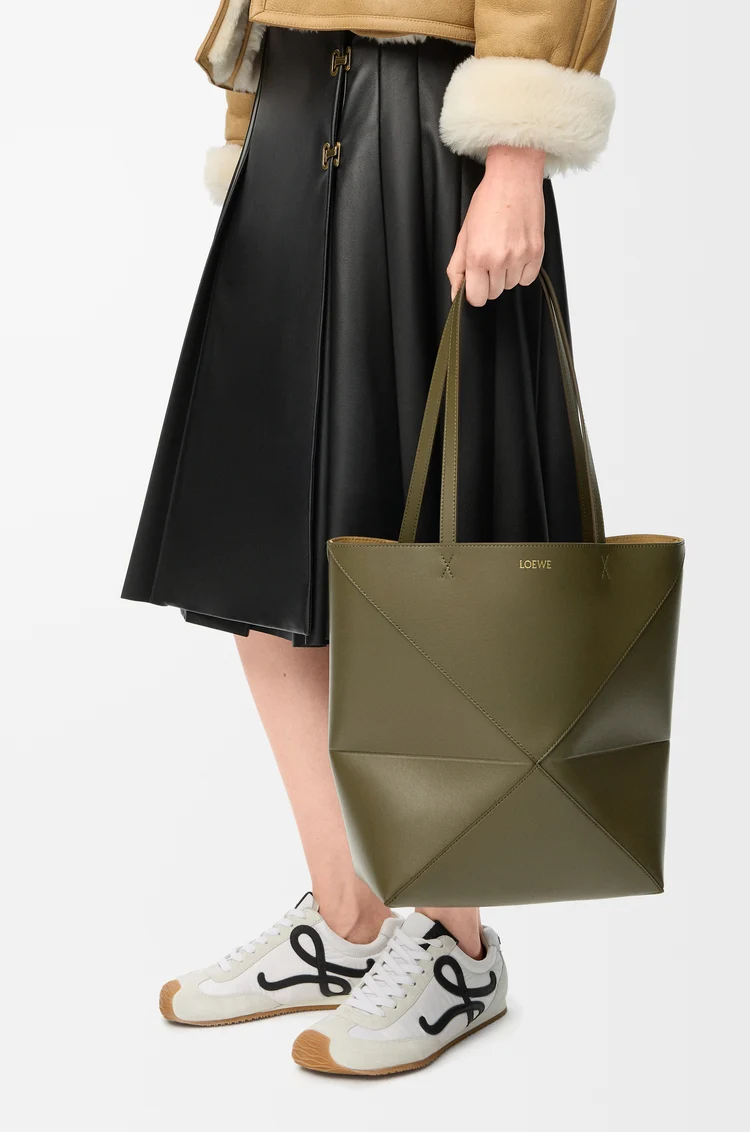 LOEWE Medium Puzzle Fold tote in shiny calfskin Dark Khaki