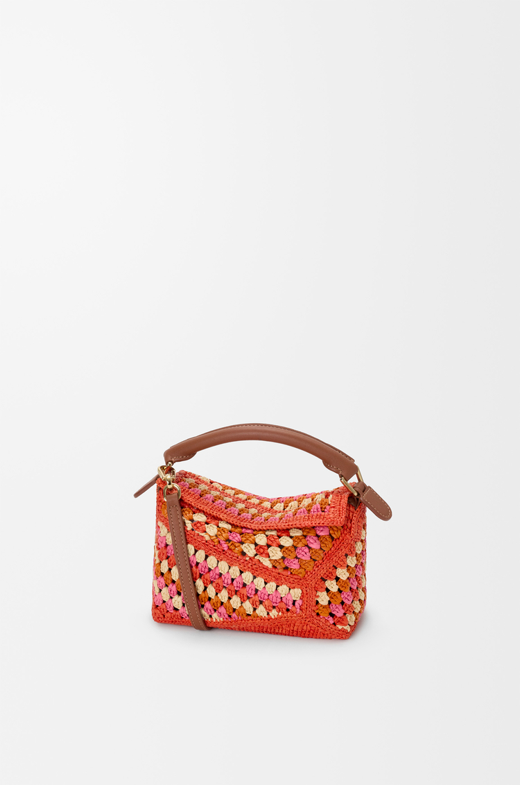 LOEWE Mini Puzzle Edge bag in raffia and calfskin Bright Orange/Pink