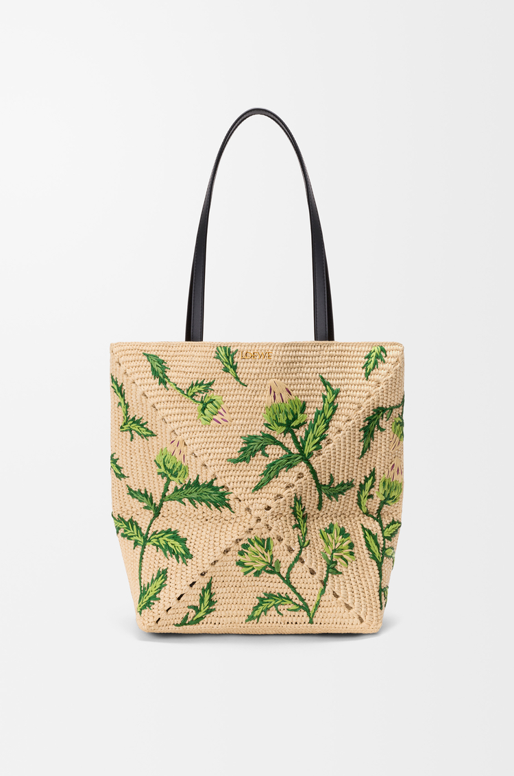 LOEWE Medium Puzzle Fold tote in raffia and calfskin Natural/Green