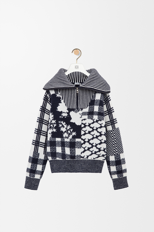 LOEWE Jersey con cremallera en lana Azul Marino/Blanco