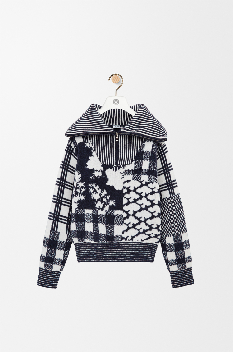 LOEWE Jersey con cremallera en lana Azul Marino/Blanco