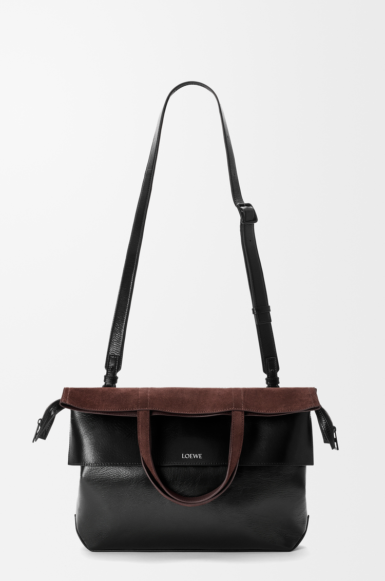 LOEWE 小号纸纹牛皮革和绒面革 Switch 托特手袋 黑色/咖啡色