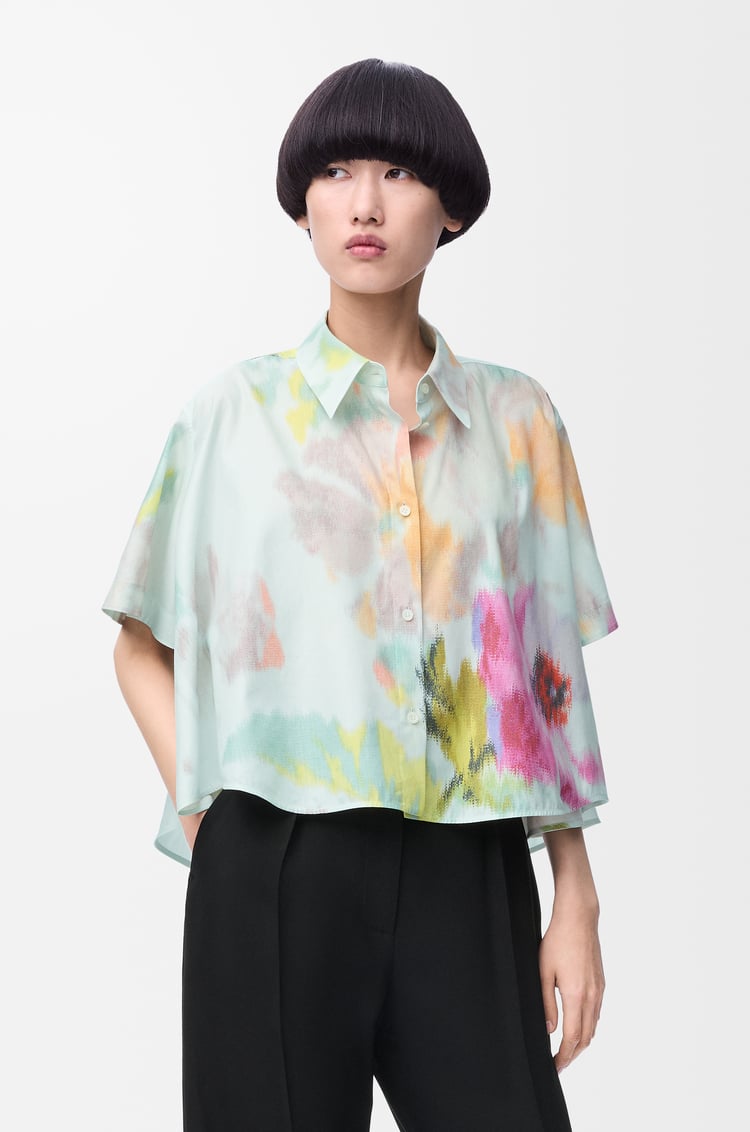 LOEWE 棉质和丝绸短袖梯形衬衫 Light Blue/Multicolor