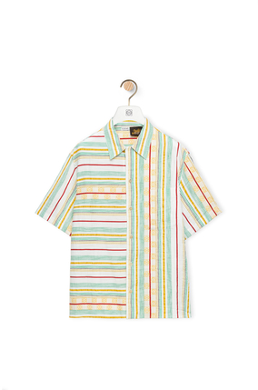 LOEWE Asymmetric stripes short sleeve shirt in cotton, linen and silk Green/Red/Yellow