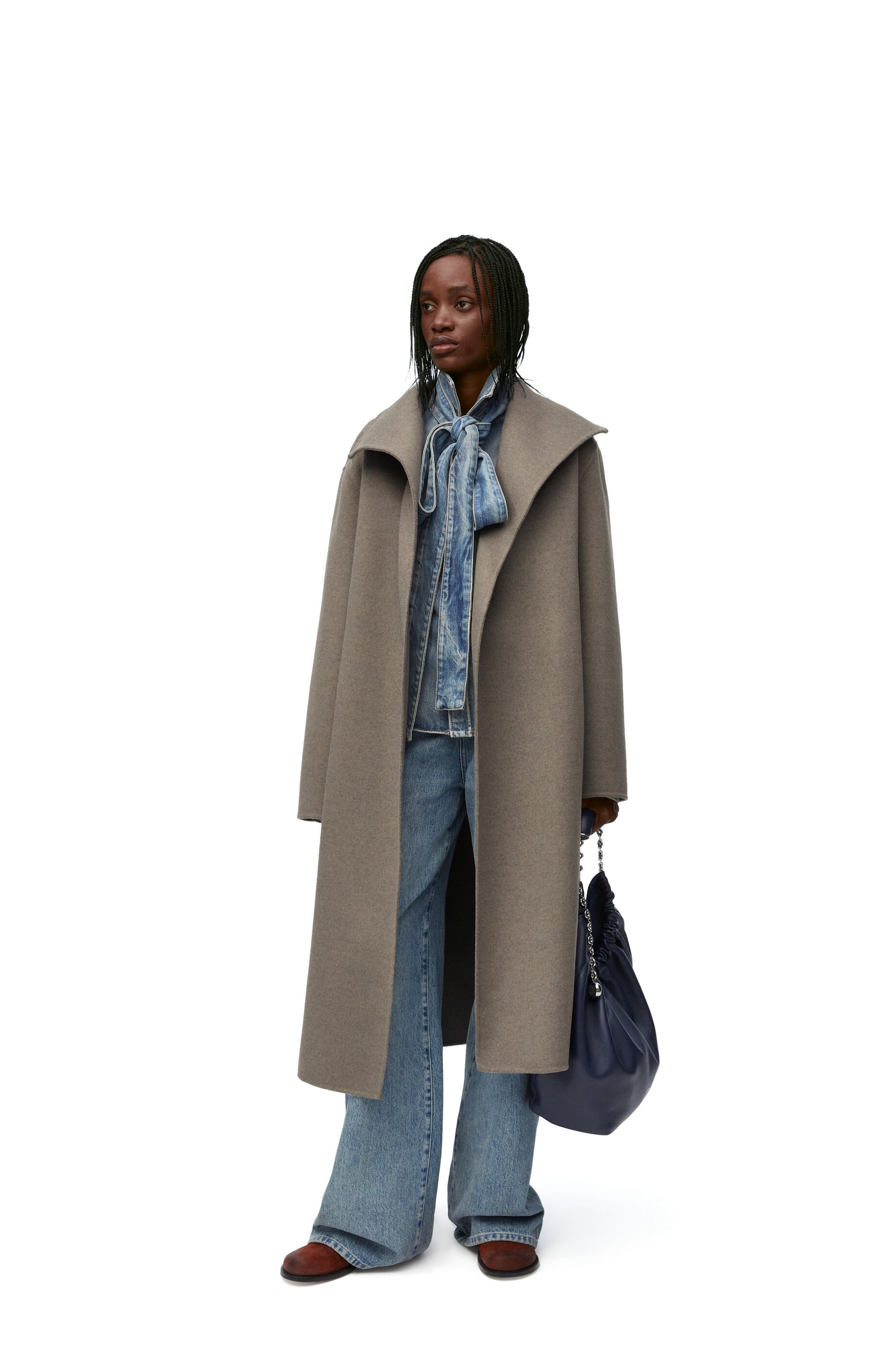 Belted coat in wool and cashmere Taupe Melange LOEWE