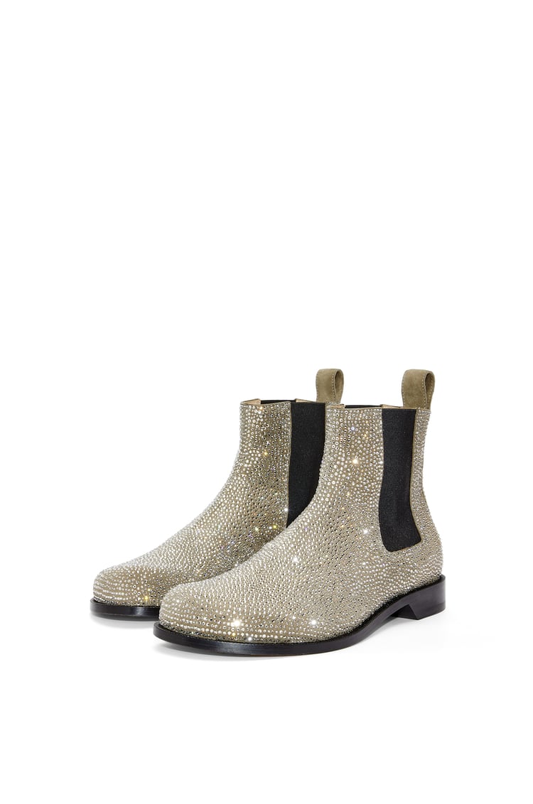 LOEWE Campo Chelsea boot in calf suede and allover rhinestones Khaki Green