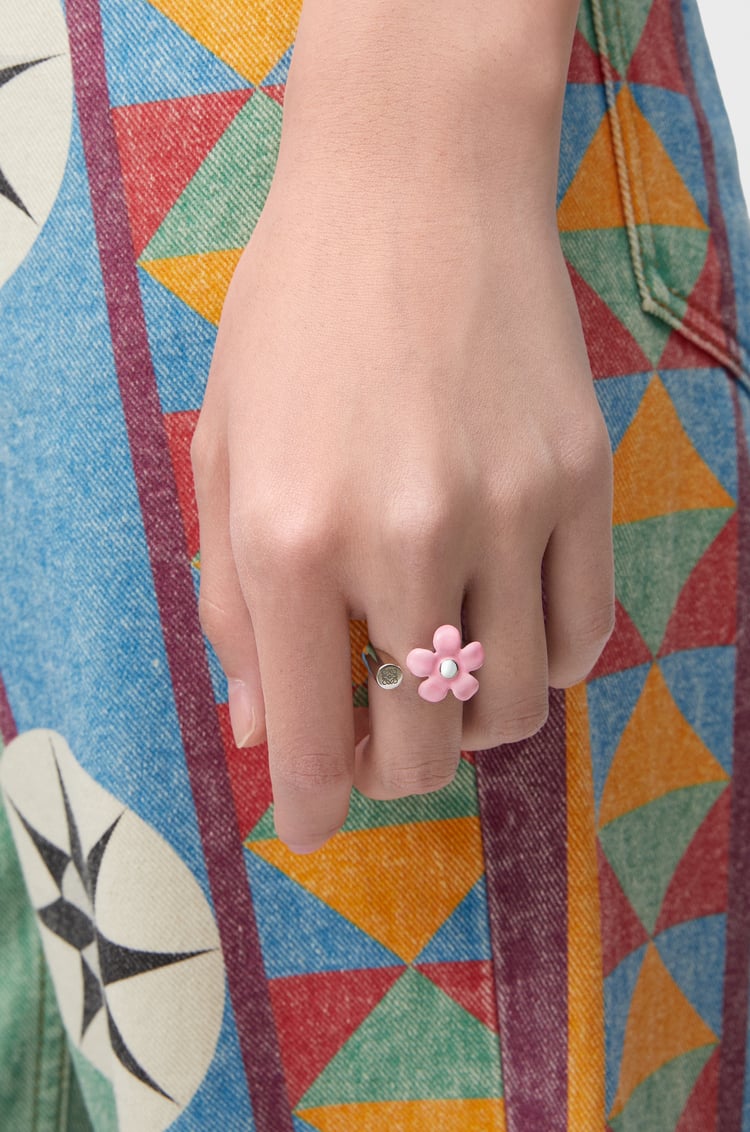 LOEWE Flor 純銀和琺瑯戒指 銀色/粉紅色