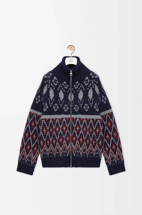 LOEWE Zip-up cardigan in wool Navy Blue/Grey