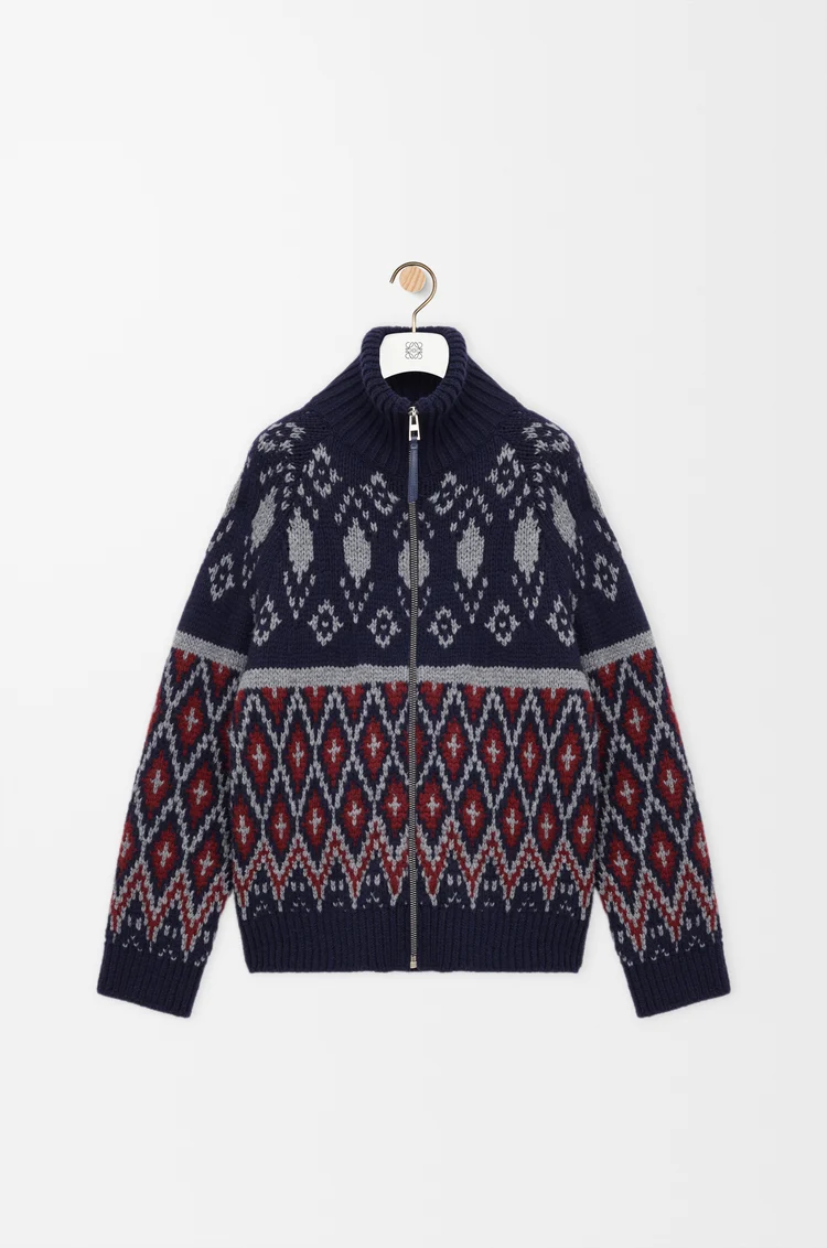 LOEWE Cardigan zippé en laine Bleu Marine/Gris
