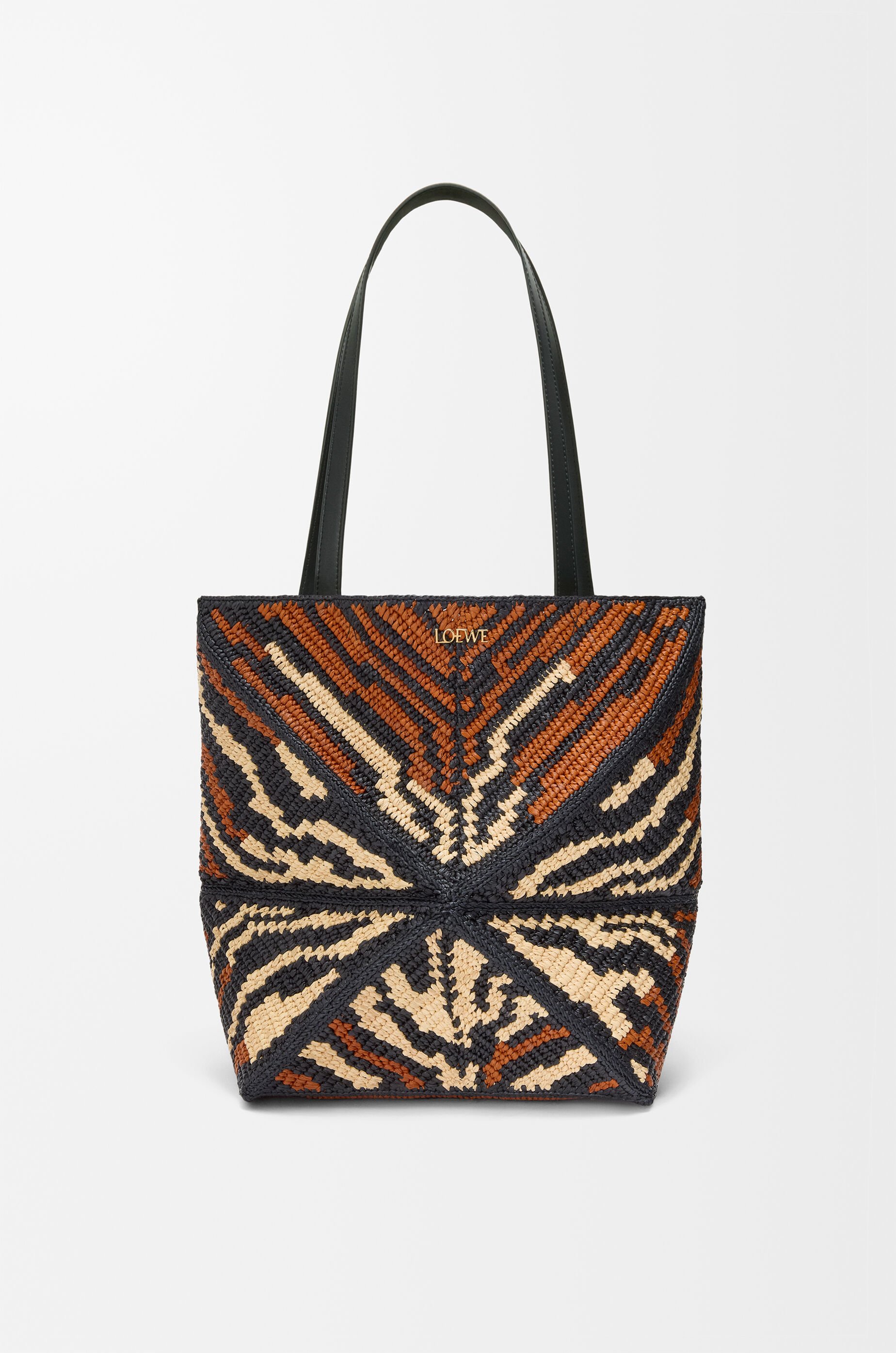 Medium Puzzle Fold Tote in raffia and calfskin Black - LOEWE