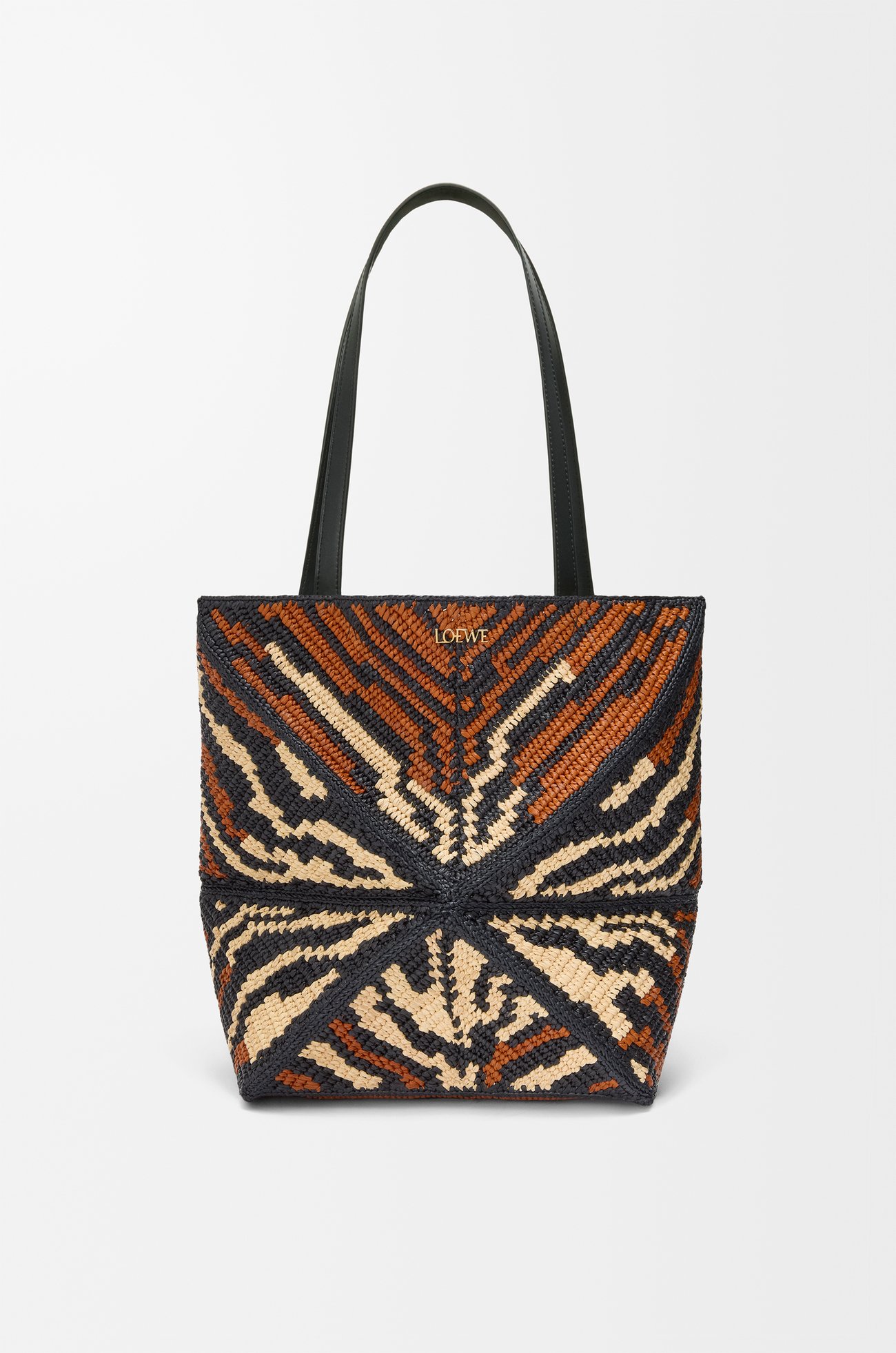 LOEWE Medium Puzzle Fold Tote in raffia and calfskin Black/Honey Gold