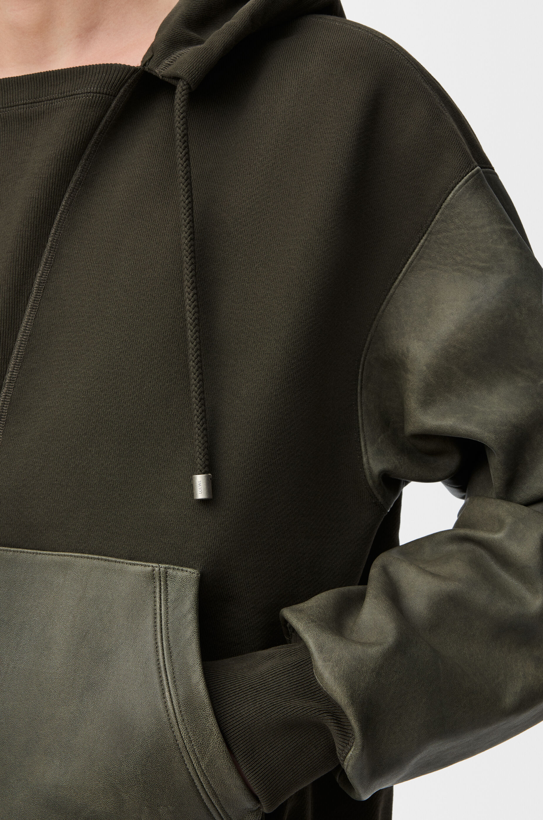 Hybrid hoodie in cotton and nappa lambskin Green - LOEWE