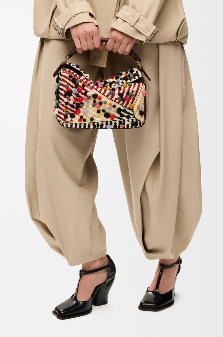 LOEWE Small Puzzle bag in embroidered textile Natural/Multicolor