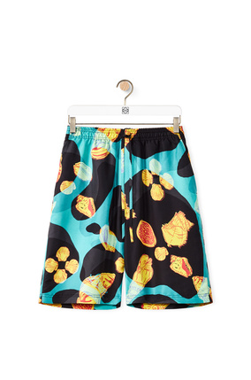 LOEWE Shell print drawstring shorts in silk Black/Turquoise